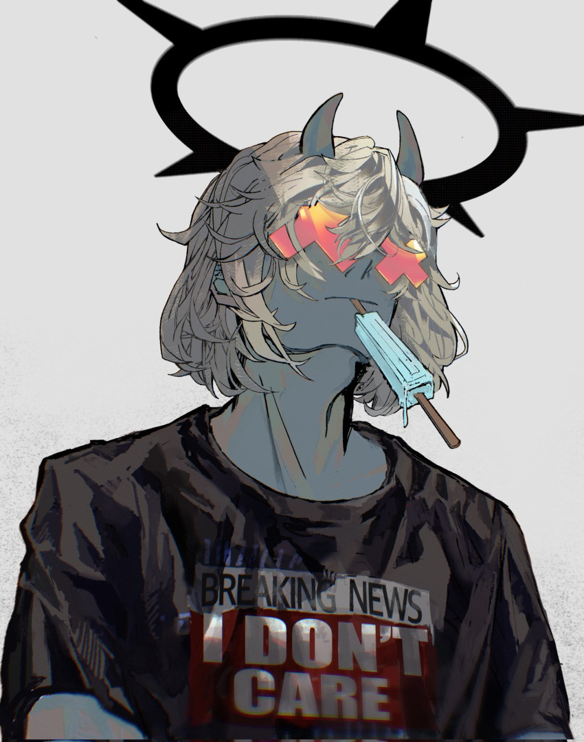 1boy black_shirt blue_skin breaking_news closed_mouth colored_skin demon_horns english_text food found_modori grey_background grey_hair guilty_gear guilty_gear_strive hair_between_eyes halo happy_chaos highres horns ice_cream medium_hair popsicle shirt simple_background upper_body x-shaped_eyewear