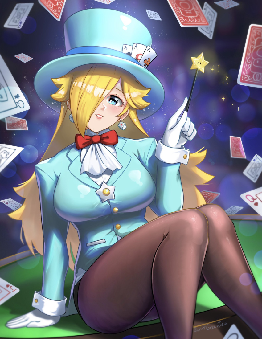 1girl blonde_hair blue_eyes blue_headwear bow bowtie brown_legwear burnt_green_tea card dice_earrings earrings gloves hair_over_one_eye hat highres jewelry legs long_hair long_sleeves pantyhose playing_card poker_table red_bow red_bowtie rosalina sitting sleeve_cuffs solo super_mario_bros. super_mario_galaxy tailcoat top_hat wand white_gloves