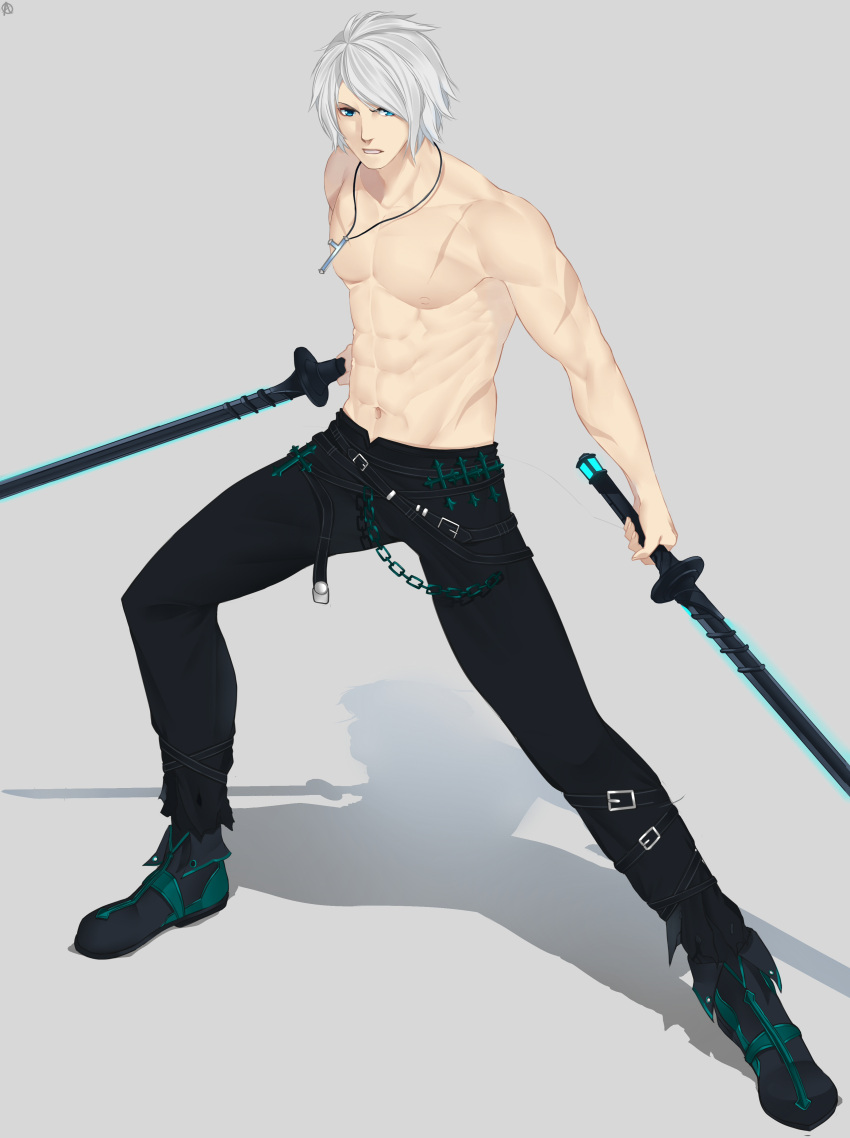 1boy abs absurdres belt black_footwear blue_eyes chain clenched_teeth cross dual_wielding glowing glowing_sword glowing_weapon grey_background highres holding holding_sword holding_weapon jewelry katana leg_belt male_focus muscular muscular_male navel necklace original parted_lips scar scar_on_arm scar_on_chest shadow simple_background solo sword teeth topless_male torn torn_clothes w4pz weapon white_hair