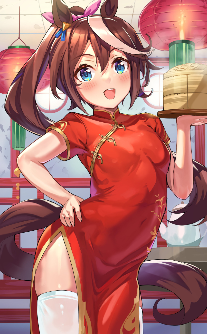 1girl absurdres animal_ears baozi blue_eyes blush breasts brown_hair chinese_clothes commentary_request food hair_ornament highres horse_ears horse_girl horse_tail lantern long_hair looking_at_viewer mikumo_(lpmkookm) open_mouth ponytail small_breasts smile solo tail thigh-highs tokai_teio_(umamusume) umamusume