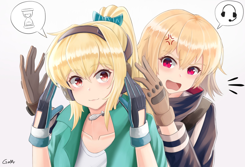 artist_name bangs blonde_hair bow cosplay ear_protection eyebrows_visible_through_hair gamryous girls_frontline gloves green_hairband hair_bow hairband highres holding iris_(material_sniper)' iris_(material_sniper)'_(cosplay) jacket long_hair material_sniper multicolored_clothes multicolored_gloves ponytail red_eyes scw_(girls'_frontline) smile sv-98_(girls'_frontline)