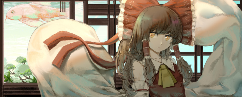 1girl :o absurdres ascot bangs blunt_bangs bow brown_hair childwolf chinese_commentary commentary detached_sleeves eyebrows_visible_through_hair fish frilled_bow frilled_hair_tubes frilled_shirt_collar frills hair_bow hair_tubes hakurei_reimu highres koi leaf long_hair looking_at_viewer ponytail red_bow red_ribbon red_vest ribbon sidelocks solo touhou tree upper_body very_long_sleeves vest water white_sleeves wide_sleeves window yellow_ascot yellow_eyes