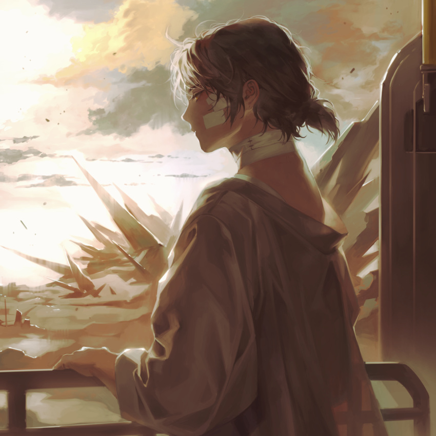 1boy arknights bandaged_neck bandages bandaid bangs black_hair closed_mouth clouds dark-skinned_male dark_skin english_commentary grey_jacket highres jacket male_focus manjyufroth outdoors parted_lips ponytail profile railing short_ponytail sky solo thorns_(arknights) upper_body yellow_eyes