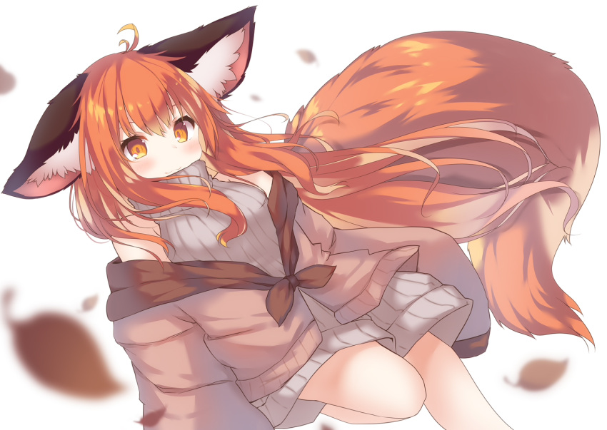1girl :3 animal_ear_fluff animal_ears bangs bare_shoulders blush breasts brown_jacket closed_mouth commentary_request daidai_ookami dutch_angle eyebrows_behind_hair feet_out_of_frame grey_sweater hair_between_eyes jacket long_hair looking_at_viewer off_shoulder open_clothes open_jacket orange_eyes orange_hair original ribbed_sweater simple_background sleeveless sleeveless_turtleneck sleeves_past_fingers sleeves_past_wrists small_breasts smile solo standing standing_on_one_leg sweater tail tatari_korou turtleneck turtleneck_sweater very_long_hair white_background