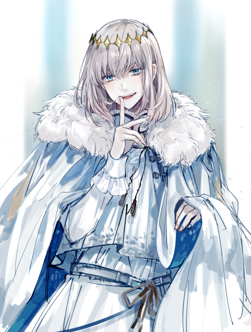 1boy :d arthropod_boy bangs blue_eyes cape chinese_commentary crown diamond_hairband fate/grand_order fate_(series) finger_to_mouth fur_collar grey_hair highres long_sleeves male_focus medium_hair no_wings oberon_(fate) official_alternate_costume smile solo teeth upper_body upper_teeth weii2021 white_cape white_fur white_hair