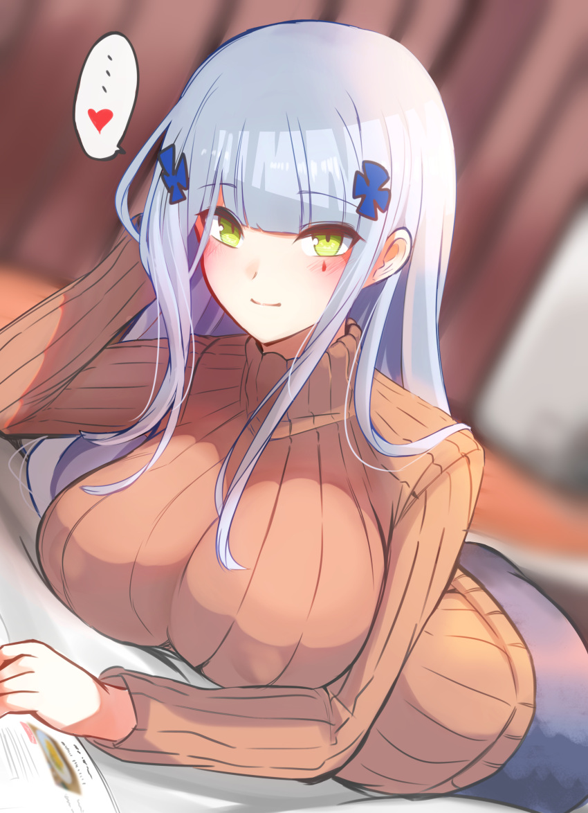 ... 10eki_(tenchou) 1girl absurdres bangs blunt_bangs blurry blurry_background blush book breast_rest breasts brown_sweater casual closed_mouth covered_nipples dutch_angle eyebrows_visible_through_hair eyes_visible_through_hair facial_mark girls_frontline green_eyes hair_ornament hand_on_head heart highres hk416_(girls'_frontline) impossible_clothes impossible_sweater indoors large_breasts light_blue_hair long_hair long_sleeves looking_at_viewer lying on_stomach ribbed_sweater sidelocks silver_hair skirt smile solo speech_bubble spoken_ellipsis spoken_heart sweater teardrop teardrop_facial_mark teardrop_tattoo turtleneck turtleneck_sweater x_hair_ornament