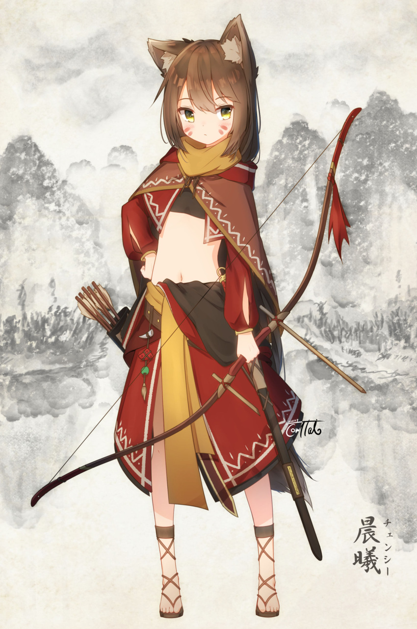 1girl absurdres animal_ear_fluff animal_ears arrow_(projectile) bangs blush bow_(weapon) brown_hair coreytaiyo crop_top eyebrows_visible_through_hair facial_mark full_body hair_between_eyes hand_on_hip highres holding holding_bow_(weapon) holding_weapon long_sleeves looking_at_viewer medium_hair monochrome_background navel original quiver red_skirt scarf shiny shiny_hair skirt solo tail toes traditional_clothes weapon whisker_markings yellow_eyes
