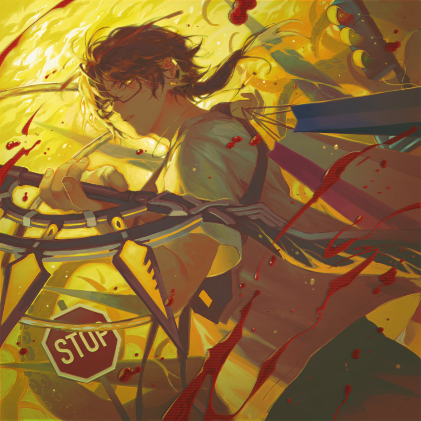 1boy arknights bag bangs black_hair blood dark-skinned_male dark_skin earclip english_commentary glasses hair_between_eyes highres holding holding_bag holding_sword holding_weapon jewelry male_focus manjyufroth parted_lips ponytail road_sign shirt shopping_bag sign solo stop_sign sword tentacles thorns_(arknights) thorns_(comodo)_(arknights) traffic_light weapon
