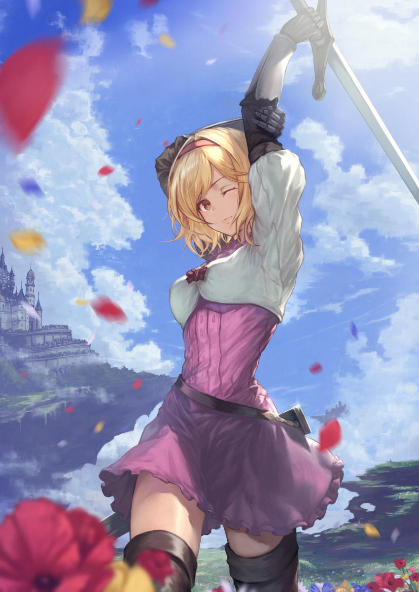 1girl absurdres arm_up bangs blonde_hair boots bow breasts castle clouds cowboy_shot day djeeta_(granblue_fantasy) dress fighter_(granblue_fantasy) floating_island flower gauntlets granblue_fantasy hair_intakes highres holding holding_own_arm holding_sword holding_weapon long_sleeves looking_at_viewer medium_breasts one_eye_closed outdoors petals pink_dress sheath short_hair smile solo sword thigh-highs thigh_boots weapon yasu_(segawahiroyasu)