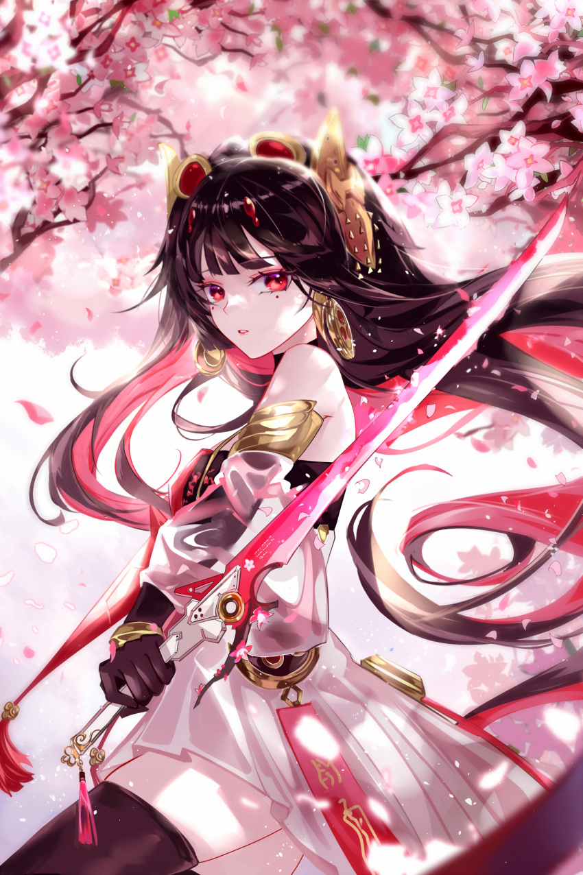 1girl accessories bangs bare_shoulders black_gloves black_hair blurry blurry_background bracelet breasts cherry_blossoms choker detached_sleeves dress earrings elbow_gloves eyebrows_visible_through_hair gloves hair_ornament highres holding holding_sword holding_weapon jewelry long_hair looking_at_viewer lucia_(punishing:_gray_raven) mole mole_under_eye multicolored_clothes multicolored_dress multicolored_hair open_mouth petals punishing:_gray_raven red_eyes redhead small_breasts solo sunlight sword thigh-highs thighs vardan very_long_hair weapon white_dress