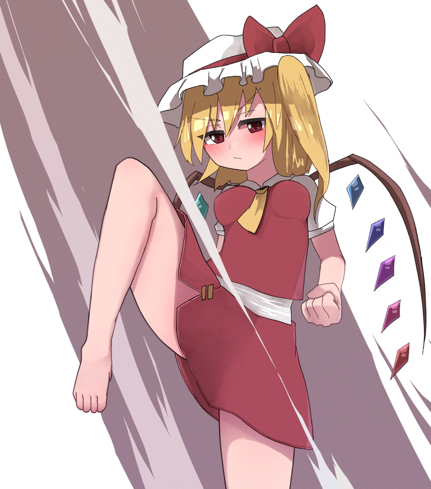 1girl ascot bangs barefoot blonde_hair blush bow closed_mouth cowboy_shot crystal eyebrows_visible_through_hair flandre_scarlet frown hair_between_eyes hat hat_ribbon highres medium_hair mob_cap one_side_up puffy_short_sleeves puffy_sleeves red_bow red_eyes red_ribbon red_skirt red_vest ribbon shirt short_sleeves skirt solo standing standing_on_one_leg topadori touhou v-shaped_eyebrows vest white_background white_shirt wings yellow_ascot