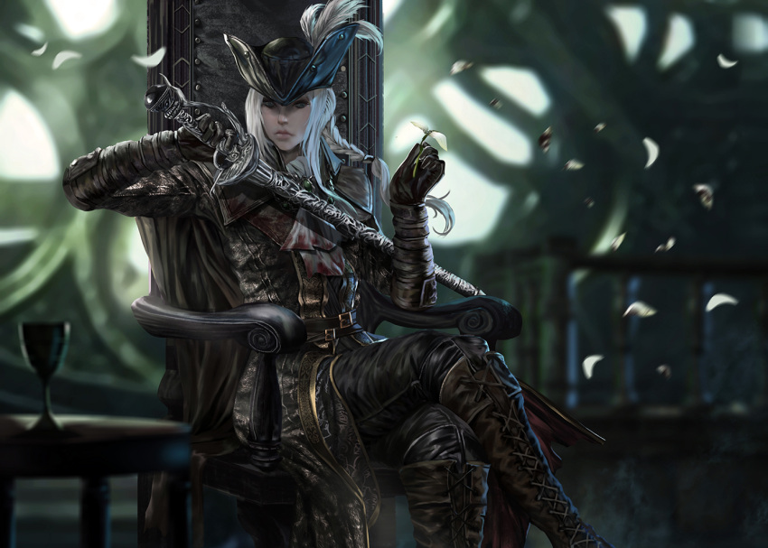 1girl ascot blood bloodborne blue_eyes boots cape chair coat flower gem gloves hat hat_feather holding lady_maria_of_the_astral_clocktower long_hair looking_at_viewer ponytail rakuyo_(bloodborne) sarayu_ruangvesh solo sword the_old_hunters tricorne weapon white_hair