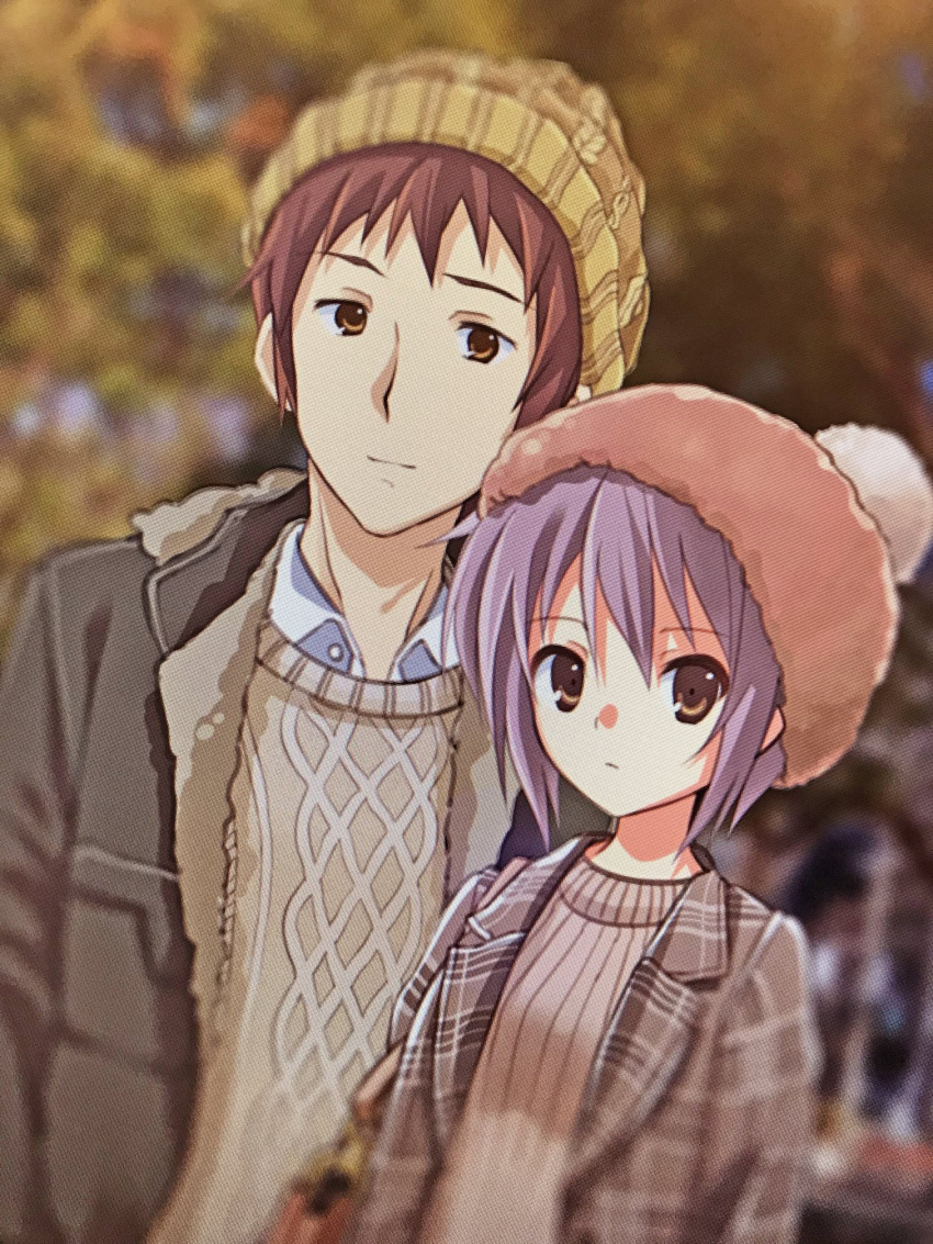 1boy 1girl bangs beanie blurry blurry_background brown_coat brown_eyes brown_hair brown_jacket brown_sweater brown_vest casual closed_mouth coat commentary_request couple expressionless eyebrows_visible_through_hair hair_between_eyes hat hetero highres jacket kyon long_sleeves looking_at_viewer nagato_yuki nanabuluku open_clothes open_jacket plaid plaid_jacket purple_hair shirt short_hair smile suzumiya_haruhi_no_yuuutsu sweater sweater_vest upper_body vest white_shirt