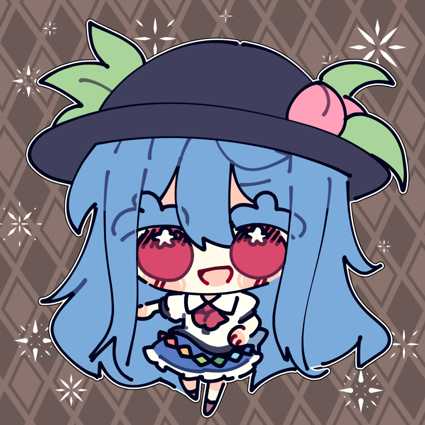 1girl :d absurdres argyle argyle_background ascot bangs black_headwear blouse blue_hair blue_skirt blush brown_background brown_footwear chibi collared_blouse eyebrows_visible_through_hair food frilled_skirt frills fruit full_body hair_between_eyes hat highres hinanawi_tenshi leaf long_hair looking_at_viewer mangi5000 open_mouth peach puffy_short_sleeves puffy_sleeves rainbow_gradient rainbow_order red_ascot red_eyes shoes short_sleeves sidelocks skirt smile solo standing standing_on_one_leg symbol-only_commentary thick_eyebrows touhou white_blouse