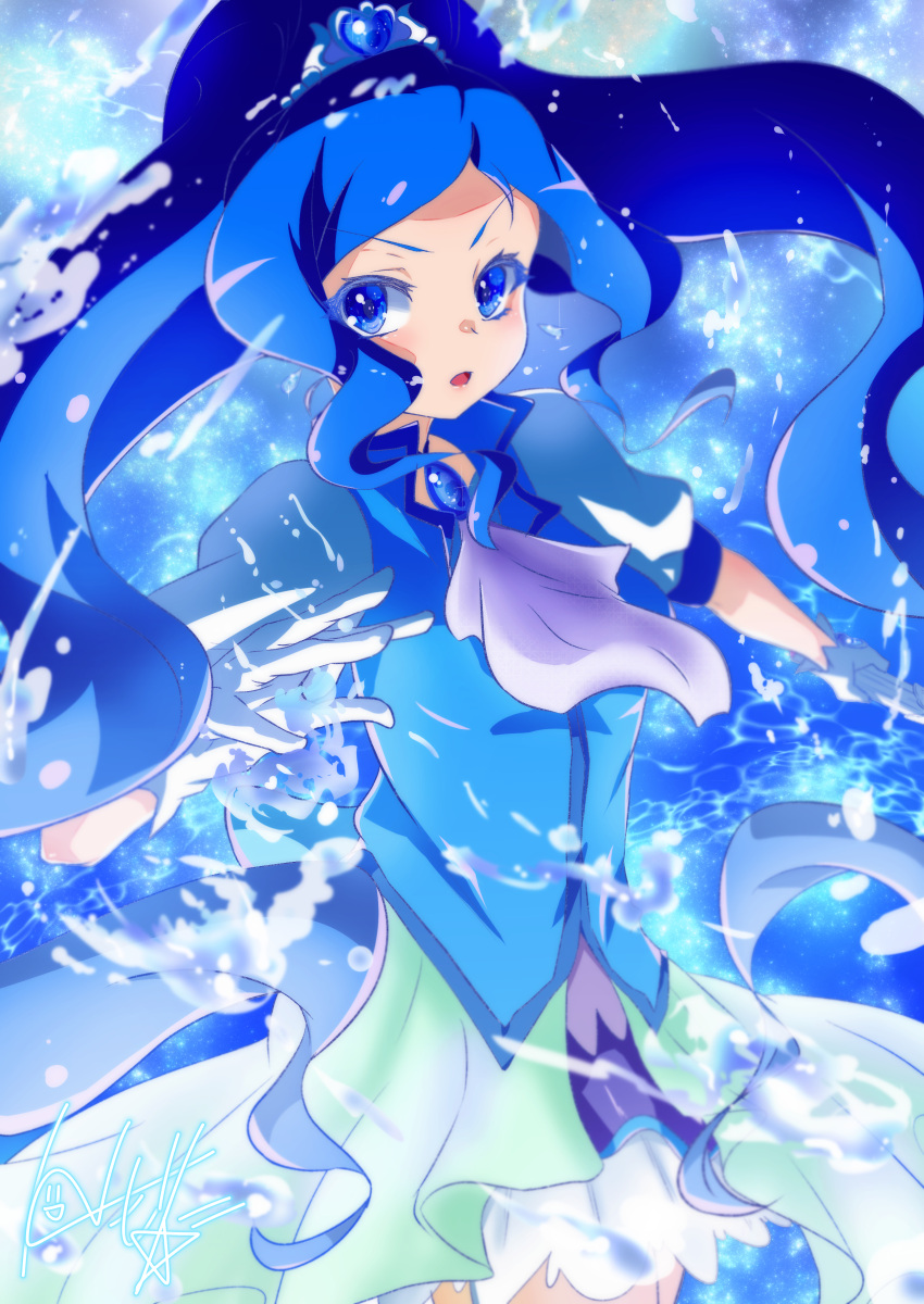 1girl absurdres blue_choker blue_dress blue_eyes blue_hair blue_skirt blue_theme blue_vest brooch choker commentary_request cure_fontaine dress eyelashes gloves hair_ornament hairband healin'_good_precure highres hishimori09 jewelry long_hair looking_at_viewer magical_girl ponytail precure puffy_short_sleeves puffy_sleeves sawaizumi_chiyu serious short_sleeves signature skirt solo split_ponytail standing vest white_gloves