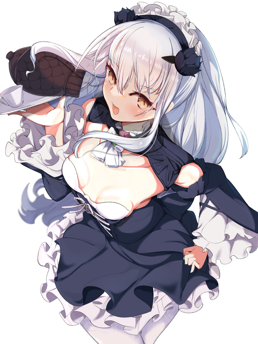 1girl absurdres alternate_costume ascot bangs black_dress breasts brown_eyes cleavage_cutout clothing_cutout cup dress enmaided fairy_knight_lancelot_(fate) fate/grand_order fate_(series) flower hair_flower hair_ornament highres kawa_mura long_hair long_sleeves looking_at_viewer maid maid_headdress open_mouth pantyhose sidelocks small_breasts smile teacup thighs tray white_hair white_legwear