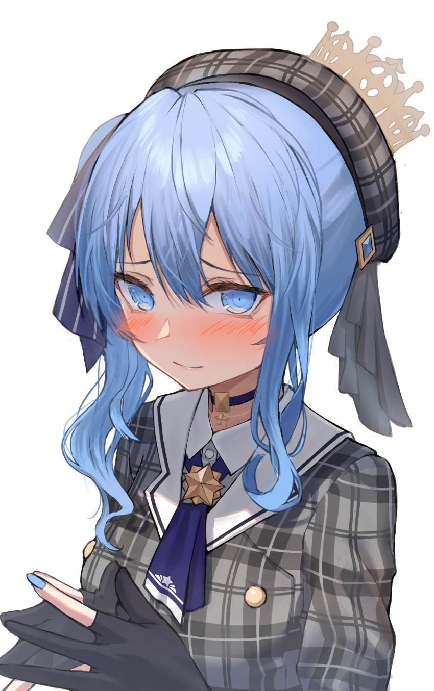 1girl @_@ absurdres beret blue_eyes blue_hair blue_nails blush choker closed_mouth constricted_pupils crown fingers_together gloves hair_between_eyes hat highres hololive hoshimachi_suisei kei8987 long_hair looking_at_viewer neckerchief partially_fingerless_gloves plaid sailor_collar school_uniform sidelocks sideways_glance simple_background smile solo tsurime upper_body white_background