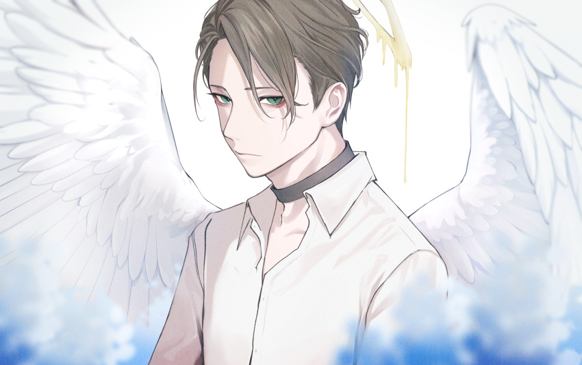 1boy angel_wings bags_under_eyes black_choker blurry blurry_foreground brown_hair carrot_(robosquat) character_request choker copyright_request feathered_wings green_eyes halo highres male_focus melting shirt short_hair simple_background solo upper_body white_background white_shirt white_wings wings
