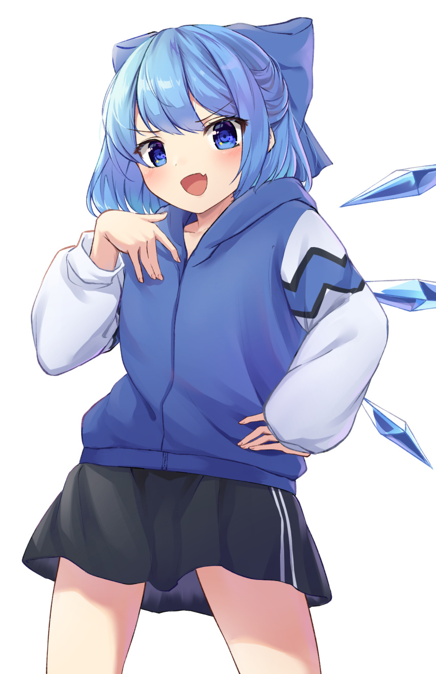 1girl :d alternate_costume bangs black_skirt blue_eyes blue_hair blue_hoodie bow cirno contemporary cowboy_shot eyebrows_visible_through_hair fang hair_bow hand_on_hip highres hood hoodie ice ice_wings imoutochiru looking_at_viewer open_mouth short_hair simple_background skin_fang skirt smile solo standing touhou v-shaped_eyebrows white_background wings