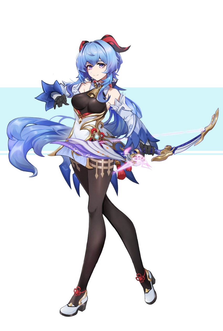 1035155067 1girl absurdres amos'_bow_(genshin_impact) bangs bare_shoulders bell black_gloves black_legwear blue_hair blush bow_(weapon) breasts chinese_knot detached_sleeves flower_knot full_body ganyu_(genshin_impact) genshin_impact gloves gold_trim high_heels highres holding holding_bow_(weapon) holding_weapon horns light_smile long_hair looking_at_viewer low_ponytail medium_breasts neck_bell pelvic_curtain red_rope rope sidelocks solo standing tachi-e thighlet thighs very_long_hair violet_eyes vision_(genshin_impact) waist_cape weapon white_background white_sleeves