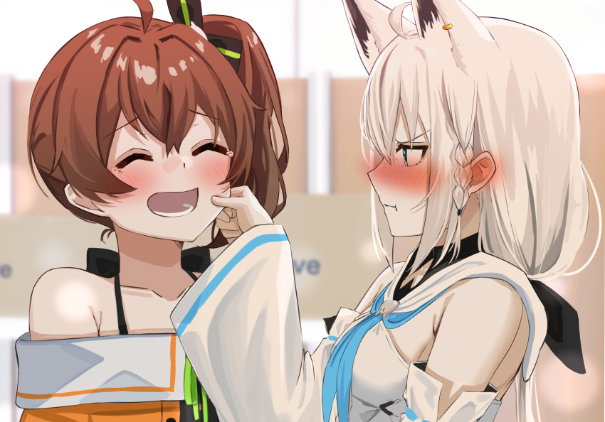 2girls :d :t absurdres ahoge animal_ears bangs blue_neckerchief blush brown_hair cheek_pinching commentary_request daichi_(daichi_catcat) detached_sleeves ear_piercing extra_ears eyebrows_visible_through_hair fox_ears full-face_blush highres hololive long_sleeves looking_at_another multiple_girls natsuiro_matsuri neckerchief off_shoulder piercing pinching profile shirakami_fubuki side_ponytail silver_hair smile virtual_youtuber