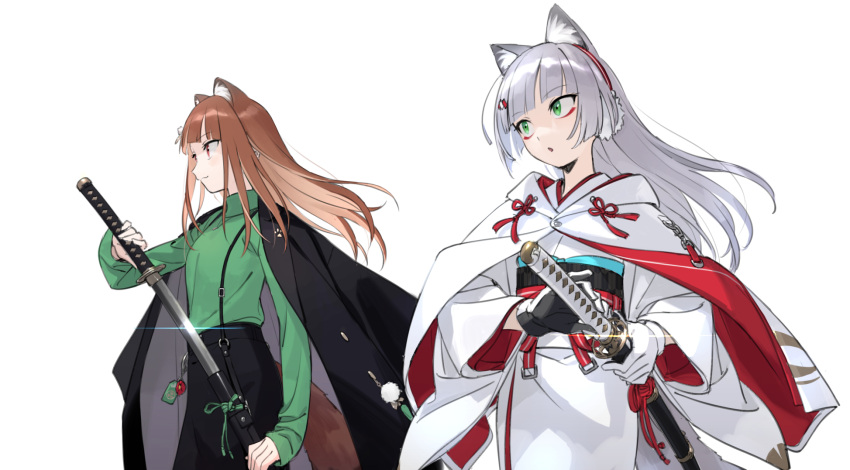 2girls :3 animal_ear_fluff animal_ears bangs black_coat black_gloves blunt_bangs brown_hair charm_(object) cloak closed_mouth coat coat_on_shoulders eyebrows_visible_through_hair eyeshadow fox_ears fox_girl fox_tail glint gloves green_eyes grey_background grey_hair highres holding holding_sheath holding_weapon hood hood_down hooded_cloak japanese_clothes katana kimono light_brown_hair long_hair makeup multicolored_clothes multicolored_gloves multiple_girls original parted_lips paw_print raccoon_ears raccoon_girl raccoon_tail red_eyes red_eyeshadow sheath sheathed shiragixx simple_background smile sword tail tanuki turtleneck two-tone_gloves unsheathing weapon white_cloak white_gloves white_kimono