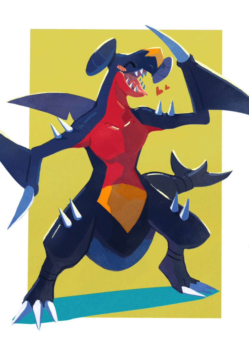 ^_^ blush_stickers border claws closed_eyes collarbone garchomp green_background highres legs_apart mo~zu no_humans open_mouth pokemon pokemon_(creature) sharp_teeth solo spikes standing symbol-only_commentary teeth tongue white_border