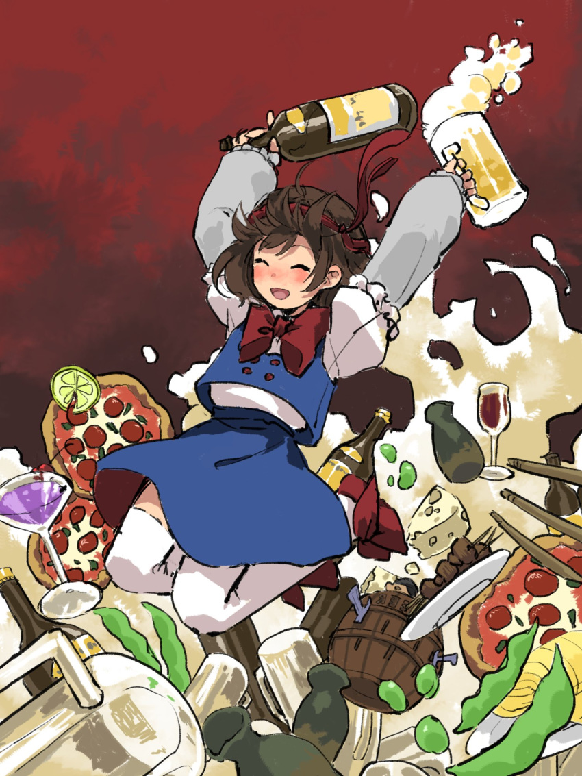 1girl ^_^ alcohol arms_up asama_isami barrel beer beer_bottle beer_mug blue_skirt blue_vest blush bow bow_footwear bowtie brown_hair buttons closed_eyes commentary_request cup drinking_glass drunk foam food frilled_sleeves frills fruit gradient gradient_background grey_shirt happy highres holding holding_cup huge_bowtie kaigen_1025 layered_sleeves legs_up lemon lemon_slice long_sleeves mug necktie necktie_on_head open_mouth pizza puffy_short_sleeves puffy_sleeves red_background red_bow red_bowtie red_footwear red_necktie shirt short_hair short_over_long_sleeves short_sleeves simple_background skirt thigh-highs uwabami_breakers vest white_legwear white_shirt wine wine_glass zettai_ryouiki