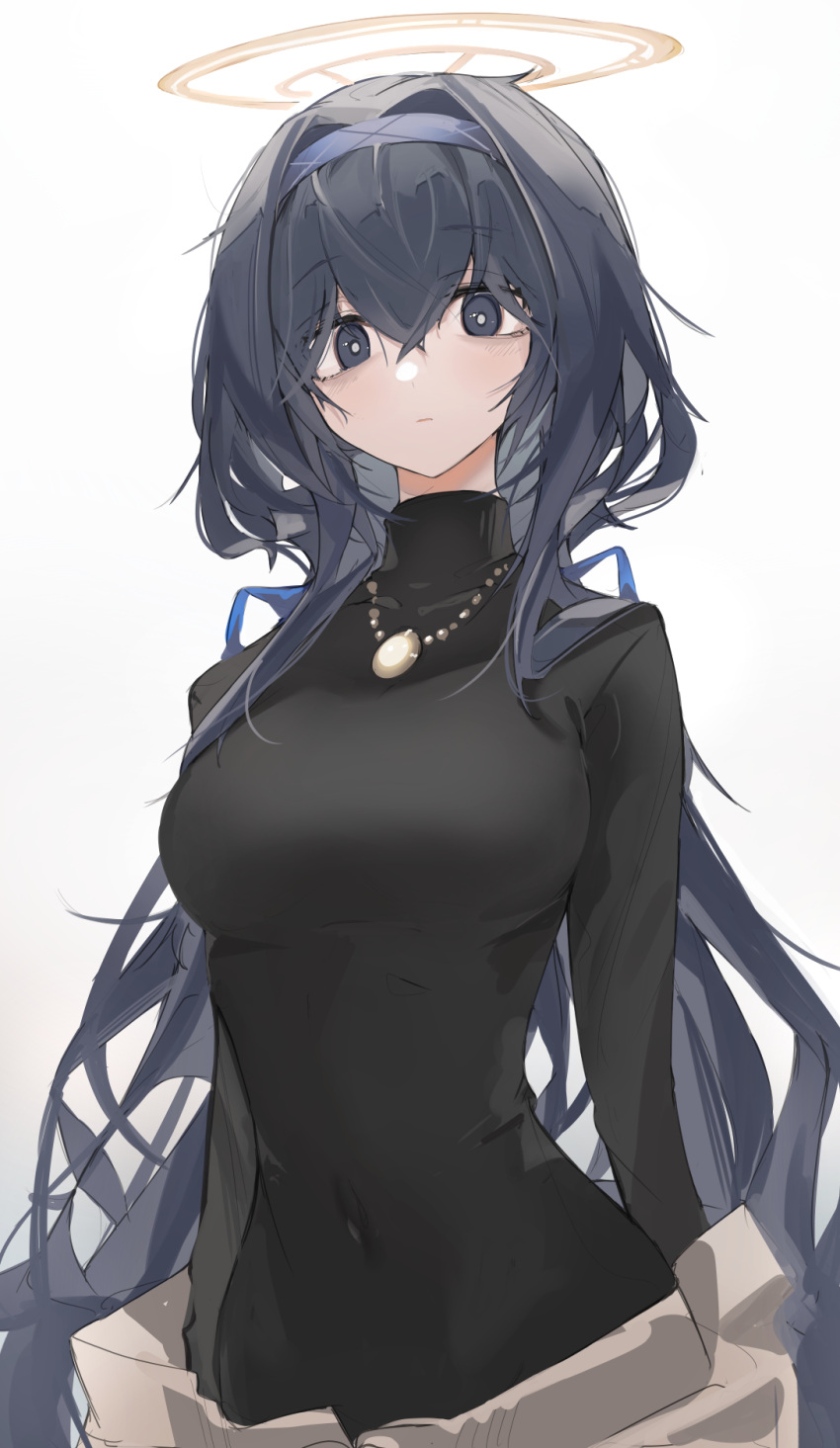1girl bags_under_eyes bangs black_eyes black_hair black_sweater blue_archive blue_hairband blush breasts commentary covered_navel cowboy_shot crossed_bangs eyebrows_visible_through_hair hair_between_eyes hair_intakes hairband halo highres jewelry long_hair long_sleeves looking_at_viewer medium_breasts mikojin necklace parted_lips simple_background solo sweater taut_sweater turtleneck turtleneck_sweater twintails ui_(blue_archive) very_long_hair white_background
