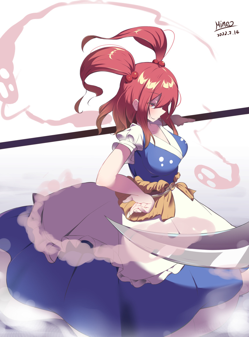 1girl absurdres bangs blue_dress breasts closed_mouth dated dress eyebrows_visible_through_hair ghost gradient gradient_background hair_bobbles hair_ornament hand_on_hip heart413 highres holding holding_scythe large_breasts looking_at_viewer onozuka_komachi red_eyes redhead scythe short_hair short_sleeves signature solo standing touhou twintails two_side_up white_background