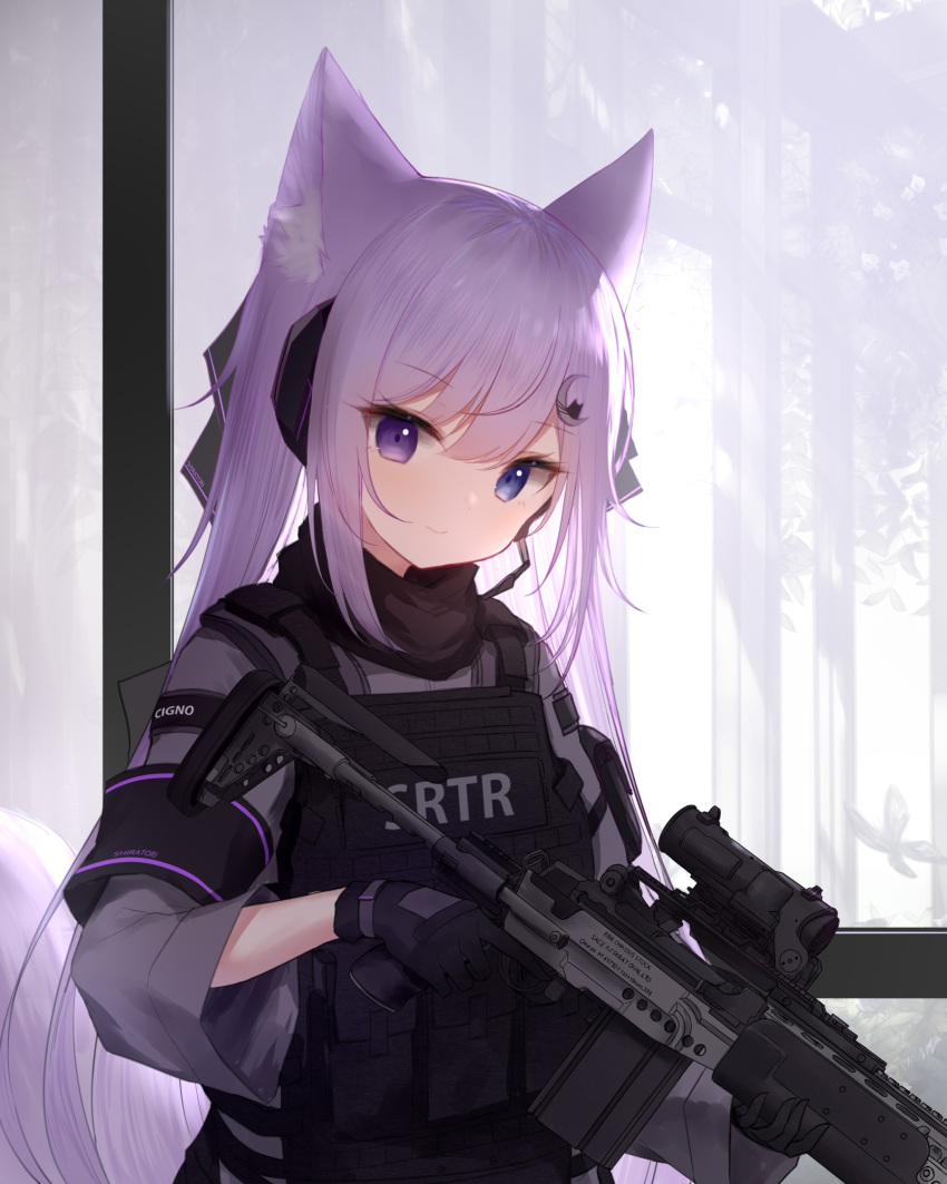 1girl animal_ear_fluff animal_ears bangs bird black_gloves blue_eyes bulletproof_vest closed_mouth crescent crescent_hair_ornament eyebrows_visible_through_hair gloves gun guo582 hair_ornament hair_ribbon heterochromia highres holding long_hair long_sleeves looking_at_viewer original purple_hair ribbon smile solo tail trigger_discipline upper_body violet_eyes weapon