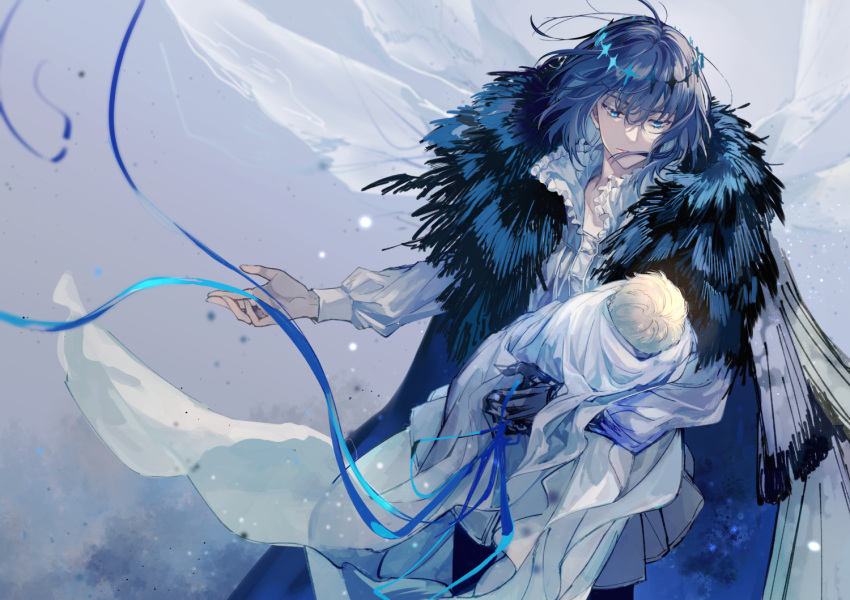 1boy 1other arthropod_boy baby baby_carry bangs black_hair blonde_hair blue_eyes blue_ribbon cape carrying chinese_commentary cloak crown diamond_hairband fate/grand_order fate_(series) feet_out_of_frame fur-trimmed_cape fur-trimmed_cloak fur_trim insect_on_finger insect_wings light_particles long_hair long_sleeves looking_at_another male_focus medium_hair oberon_(fate) ribbon shirt short_hair solo weii2021 white_shirt wings