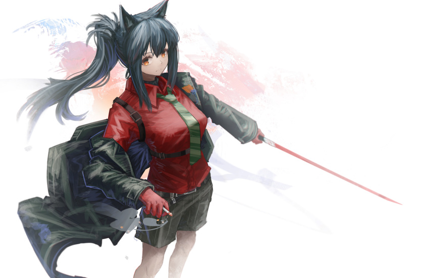 1girl absurdres animal_ears arknights belt between_fingers black_coat black_hair black_shorts breasts cigarette closed_mouth coat collared_shirt feet_out_of_frame franlol gloves green_necktie highres holding holding_cigarette holding_sword holding_weapon long_hair looking_at_viewer medium_breasts multicolored_background necktie off_shoulder official_alternate_costume open_clothes open_coat orange_eyes ponytail red_gloves red_shirt shirt shorts sidelocks solo standing sword texas_(arknights) texas_(willpower)_(arknights) underbust weapon wolf_ears