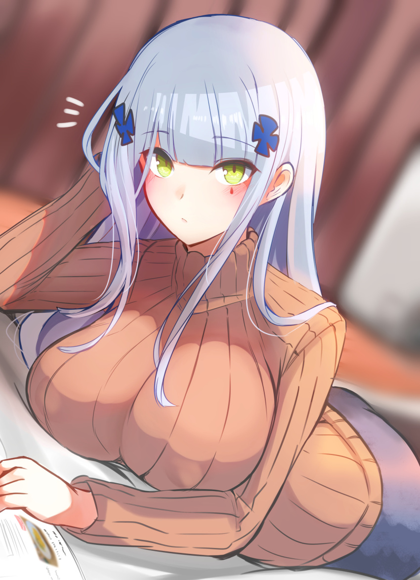 10eki_(tenchou) 1girl absurdres bangs blunt_bangs blurry blurry_background blush book breast_rest breasts brown_sweater casual closed_mouth covered_nipples dutch_angle eyebrows_visible_through_hair eyes_visible_through_hair facial_mark girls_frontline green_eyes hair_ornament hand_on_head highres hk416_(girls'_frontline) impossible_clothes impossible_sweater indoors large_breasts light_blue_hair light_frown long_hair long_sleeves looking_at_viewer lying notice_lines on_stomach ribbed_sweater sidelocks silver_hair skirt solo sweater teardrop teardrop_facial_mark teardrop_tattoo turtleneck turtleneck_sweater x_hair_ornament