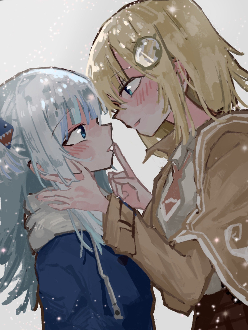 2girls :o aqua_eyes backlighting bangs blonde_hair blue_eyes blue_hair blue_hoodie blunt_bangs blurry blush breasts capelet depth_of_field detective eyebrows_visible_through_hair finger_to_another's_mouth gawr_gura grey_background hair_between_eyes hair_ornament hand_in_another's_hair highres hololive hololive_english hood hoodie long_hair long_sleeves looking_at_another medium_breasts medium_hair messy_hair monocle_hair_ornament multicolored_hair multiple_girls open_mouth outdoors shark_hair_ornament shiny shiny_hair silver_hair simple_background smile snow snowing standing streaked_hair tareme two_side_up upper_body uud45gaotrcvkfg virtual_youtuber watson_amelia yuri