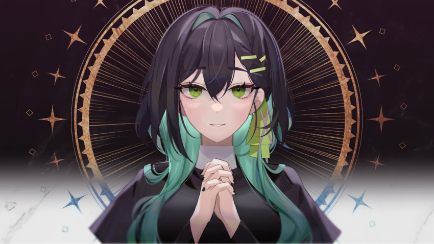 1girl black_dress black_hair black_nails breasts colored_inner_hair dress eyebrows_visible_through_hair green_eyes green_hair hair_behind_ear highres indie_virtual_youtuber medium_breasts mira_(cevio) multicolored_hair own_hands_clasped own_hands_together parted_lips portrait saki.exe smile solo virtual_youtuber yoru_(yowuyoru)