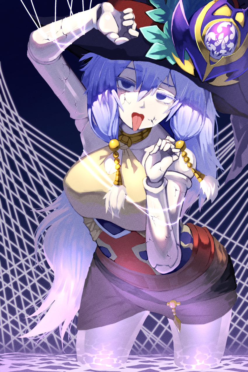 1girl absurdres ariel_priestess_of_the_nekroz arm_up badominton bangs bare_shoulders belt blue_eyes blue_hair breasts collar commentary cracked_skin doll_joints duel_monster gishki_ariel hair_between_eyes hand_up hat highres joints large_breasts long_hair metal_collar monsterification open_mouth skirt solo tongue tongue_out witch_hat yu-gi-oh!