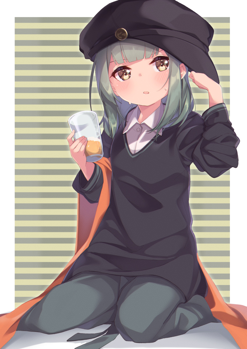 1girl black_headwear black_shirt blush buttons collared_shirt cup drink drinking_glass green_hair green_pants hat highres holding holding_cup kantai_collection long_sleeves open_mouth pants shirt short_hair solo uut white_shirt yellow_eyes yuubari_(kancolle)