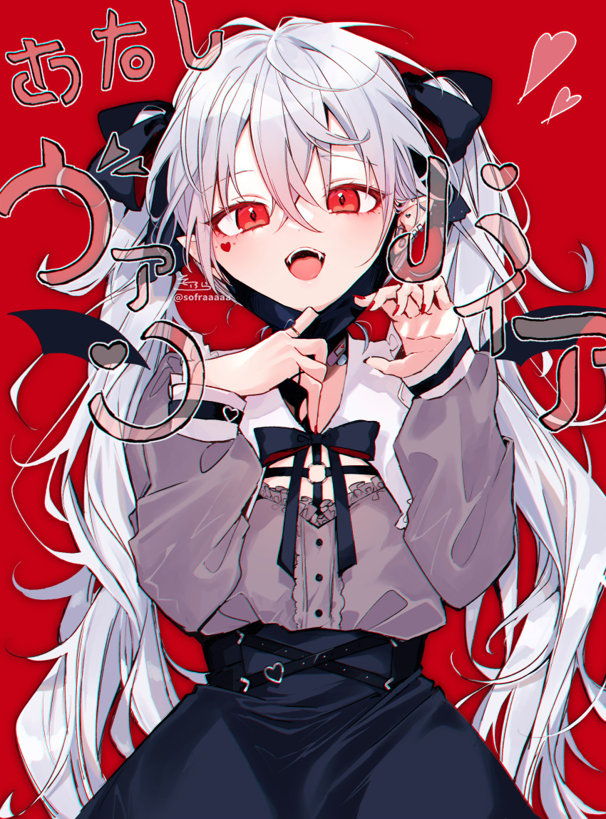 1girl :d absurdres bangs barbell_piercing black_bow black_skirt bow collared_shirt ear_piercing eyebrows_visible_through_hair facial_mark fangs genderswap genderswap_(mtf) grey_shirt hair_between_eyes hair_bow hands_up heart highres industrial_piercing kuzuha_(nijisanji) long_hair long_sleeves looking_at_viewer mask mask_pull mouth_mask nijisanji piercing pointy_ears puffy_long_sleeves puffy_sleeves red_background red_eyes shirt signature silver_hair simple_background skirt smile sofra solo translation_request twintails twitter_username vampire_(vocaloid) very_long_hair virtual_youtuber
