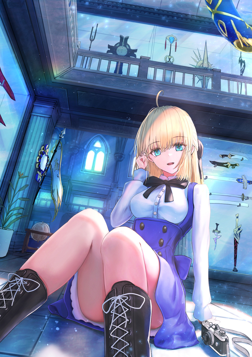 1girl :d ahoge aomaru_(ao_illust) artoria_pendragon_(all) bangs black_bow black_neckwear black_ribbon blonde_hair blue_dress boots bow brown_footwear cross-laced_footwear dress eyebrows_visible_through_hair fate/grand_order fate/unlimited_codes fate_(series) green_eyes hair_bow highres long_sleeves looking_at_viewer open_mouth ribbon saber_lily short_hair simple_background sitting smile solo