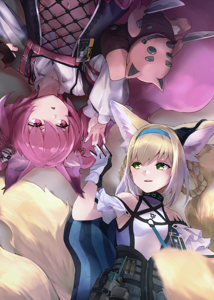 2girls absurdres animal_ear_fluff animal_ears arknights bare_shoulders black_dress blonde_hair blue_hairband braid breasts collarbone collared_shirt commentary_request covered_collarbone dress dress_shirt e-bushi fox_ears fox_girl fox_tail gloves green_eyes hair_rings hairband highres kitsune knife long_sleeves lying multicolored_hair multiple_girls navel on_back parted_lips puffy_long_sleeves puffy_sleeves purple_hair shamare_(arknights) shirt small_breasts stuffed_animal stuffed_dog stuffed_toy suzuran_(arknights) tail teeth twin_braids twintails two-tone_hair upper_teeth violet_eyes white_gloves white_hair white_shirt