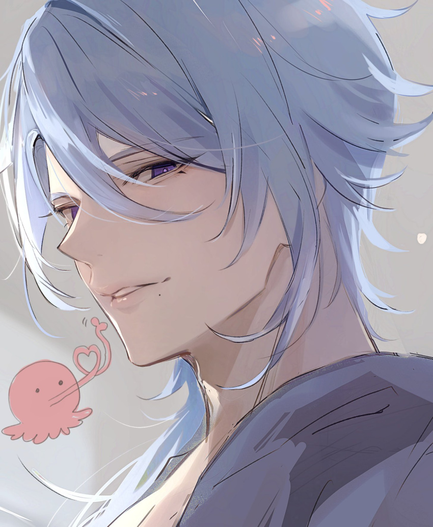1boy bangs blue_hair eyelashes genshin_impact grey_background gumilkx hair_between_eyes heart highres kamisato_ayato long_hair looking_at_viewer male_focus mole mole_under_mouth octopus parted_lips simple_background sketch solo violet_eyes