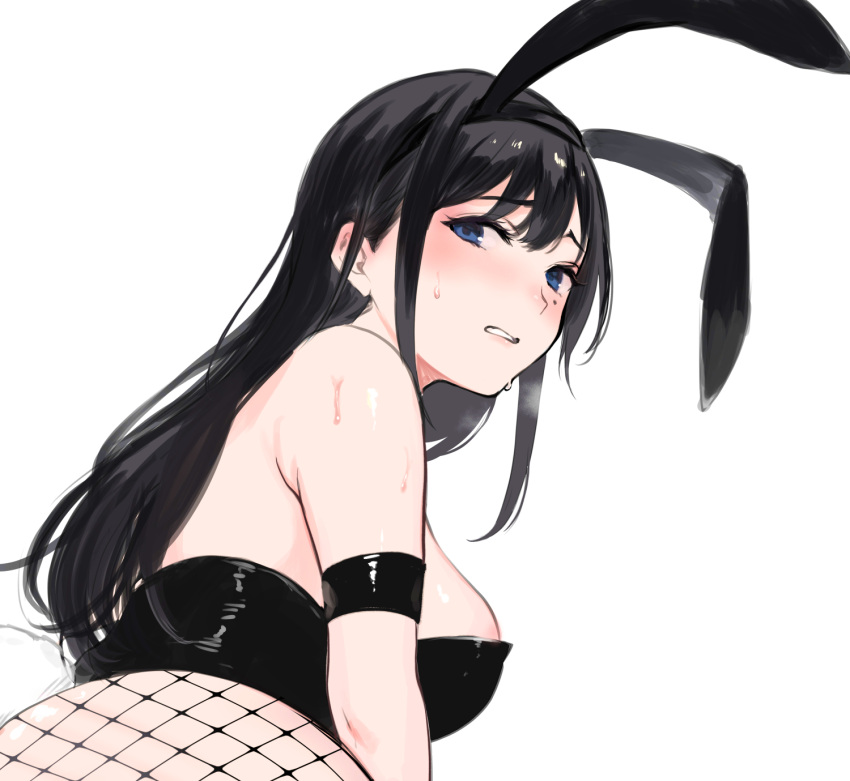 1girl animal_ears arm_strap ass bangs bare_shoulders black_hair black_hairband black_legwear black_leotard blue_eyes blush breasts commentary_request cowboy_shot eyebrows_visible_through_hair fake_animal_ears fake_tail fishnet_legwear fishnets from_behind from_below hairband highres large_breasts leaning_forward leotard long_hair looking_at_viewer looking_back miyabe_kiwi mole mole_under_eye open_mouth original pantyhose playboy_bunny rabbit_ears rabbit_tail shiny shiny_skin sidelocks simple_background solo standing strapless strapless_leotard sweatdrop tail teeth upper_teeth white_background