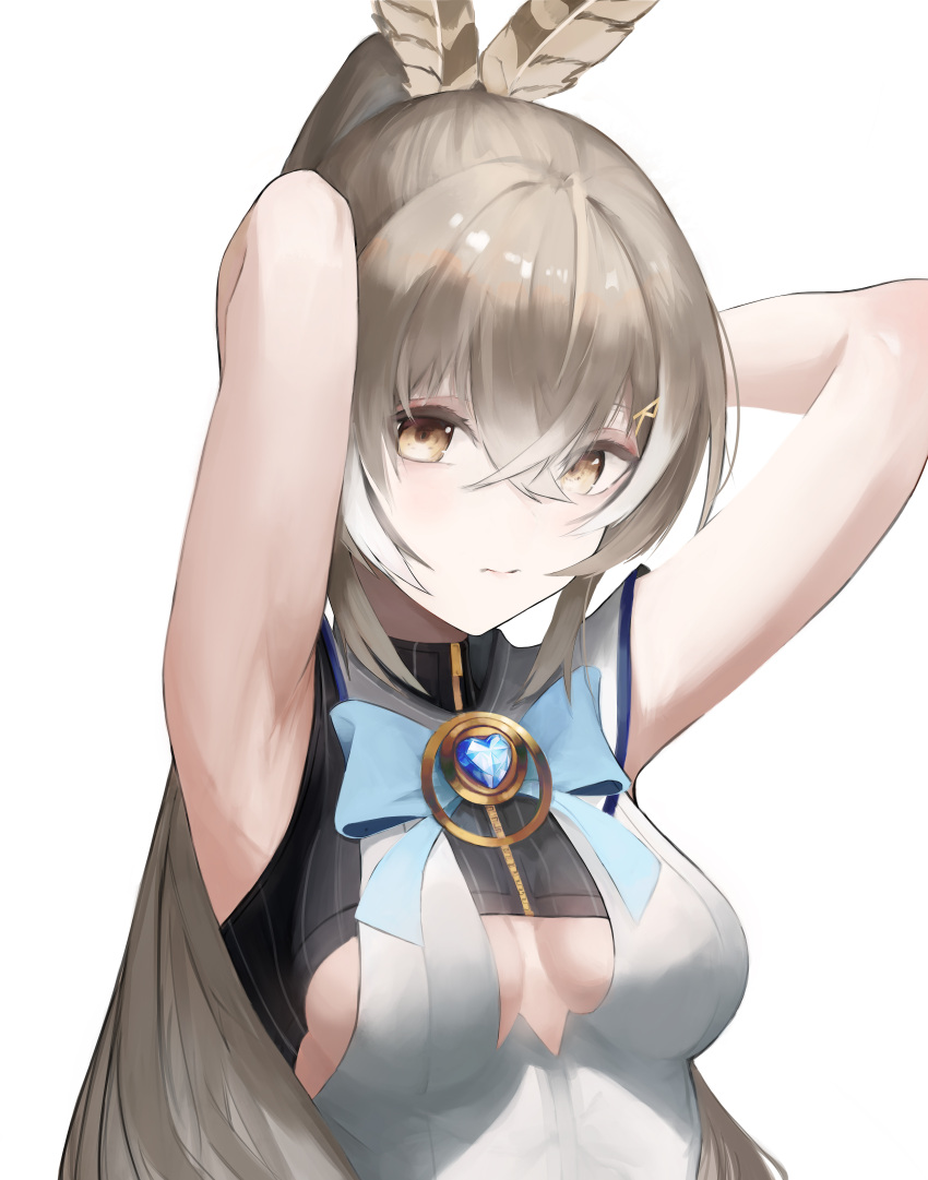 1girl absurdres armpits arms_up bangs breasts brooch brown_eyes brown_hair cleavage_cutout clothing_cutout cosplay feather_hair_ornament feathers hair_ornament hairclip highres hololive hololive_english jewelry long_hair looking_at_viewer mane_(artist) multicolored_hair nanashi_mumei ouro_kronii ouro_kronii_(cosplay) ponytail ribbon sapphire_(gemstone) shirt sideboob sleeveless sleeveless_turtleneck solo streaked_hair turtleneck very_long_hair virtual_youtuber white_shirt