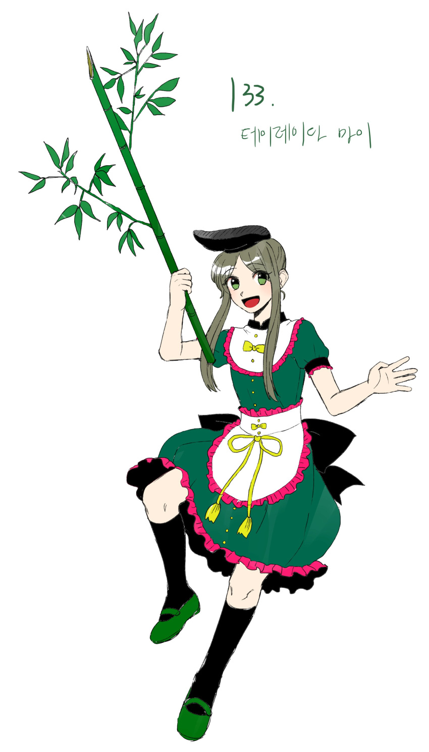 1girl absurdres apron back bamboo black_bow black_headwear black_legwear bow commentary_request derivative_work dress frilled_dress frills full_body green_dress green_eyes green_footwear green_hair happy hat hidden_star_in_four_seasons highres holding kneehighs korean_commentary kuya_(hey36253625) looking_at_viewer mary_janes ribbon shoes short_hair short_hair_with_long_locks simple_background tassel tate_eboshi teireida_mai touhou translation_request waist_apron white_apron white_background yellow_bow yellow_ribbon