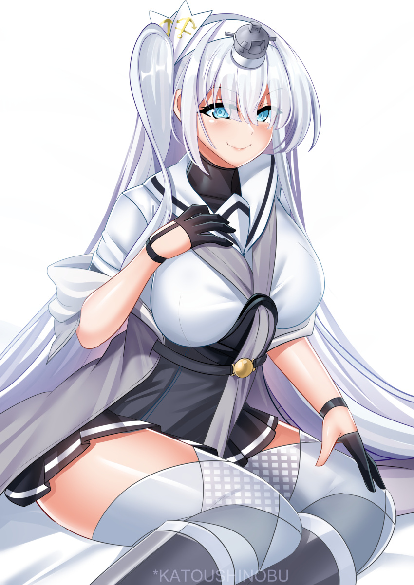 1girl absurdres aqua_eyes artist_name bangs black_gloves black_skirt blush boots breasts fuyutsuki_(kancolle) gloves hachimaki headband headgear highres kantai_collection katou_shinobu knee_boots large_breasts long_hair looking_at_viewer neckerchief one_side_up partially_fingerless_gloves pleated_skirt sailor_collar silver_hair simple_background skirt smile solo thigh-highs very_long_hair watermark white_background white_headband white_sailor_collar
