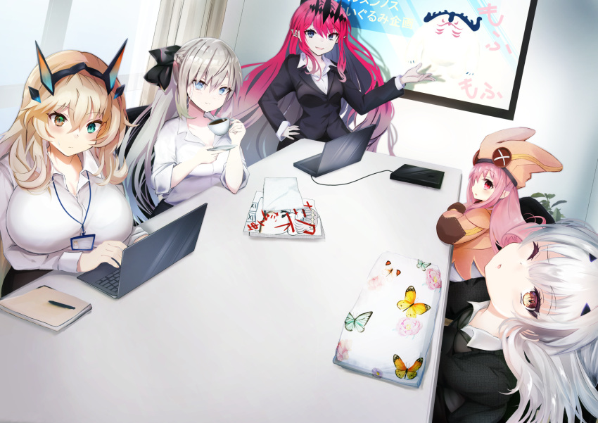 5girls animal_print blonde_hair breasts butterfly_print cernunnos_(fate) computer cup fairy_knight_gawain_(fate) fairy_knight_lancelot_(fate) fairy_knight_tristan_(fate) fate/grand_order fate_(series) fukiya_(fumiakitoyama) habetrot_(fate) hand_on_hip hat highres id_card laptop large_breasts long_hair meeting morgan_le_fay_(fate) multiple_girls oberon_(fate) office_lady one_eye_closed pink_hair pointy_ears ponytail silver_hair teacup white_hair