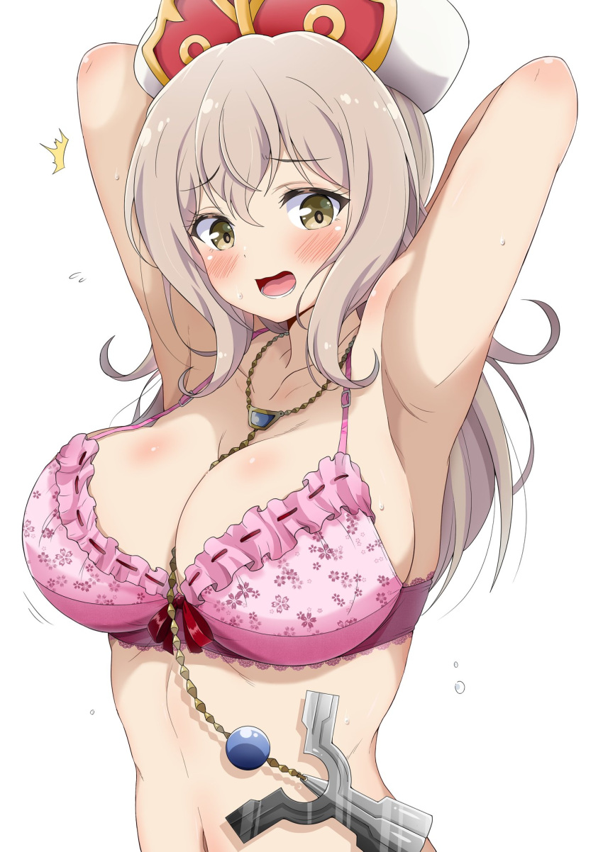 1girl armpits arms_behind_head arms_up blush bouncing_breasts bra breasts commentary dot_nose eggman_(pixiv28975023) embarrassed eyebrows_visible_through_hair floral_print flying_sweatdrops furrowed_brow hat highres isekai_maou_to_shoukan_shoujo_no_dorei_majutsu large_breasts long_hair looking_at_viewer lower_teeth lumachina_weselia motion_lines navel open_mouth pink_bra raised_eyebrows red_ribbon ribbon shiny shiny_hair silver_hair simple_background strap_gap teeth underwear underwear_only wavy_mouth white_background