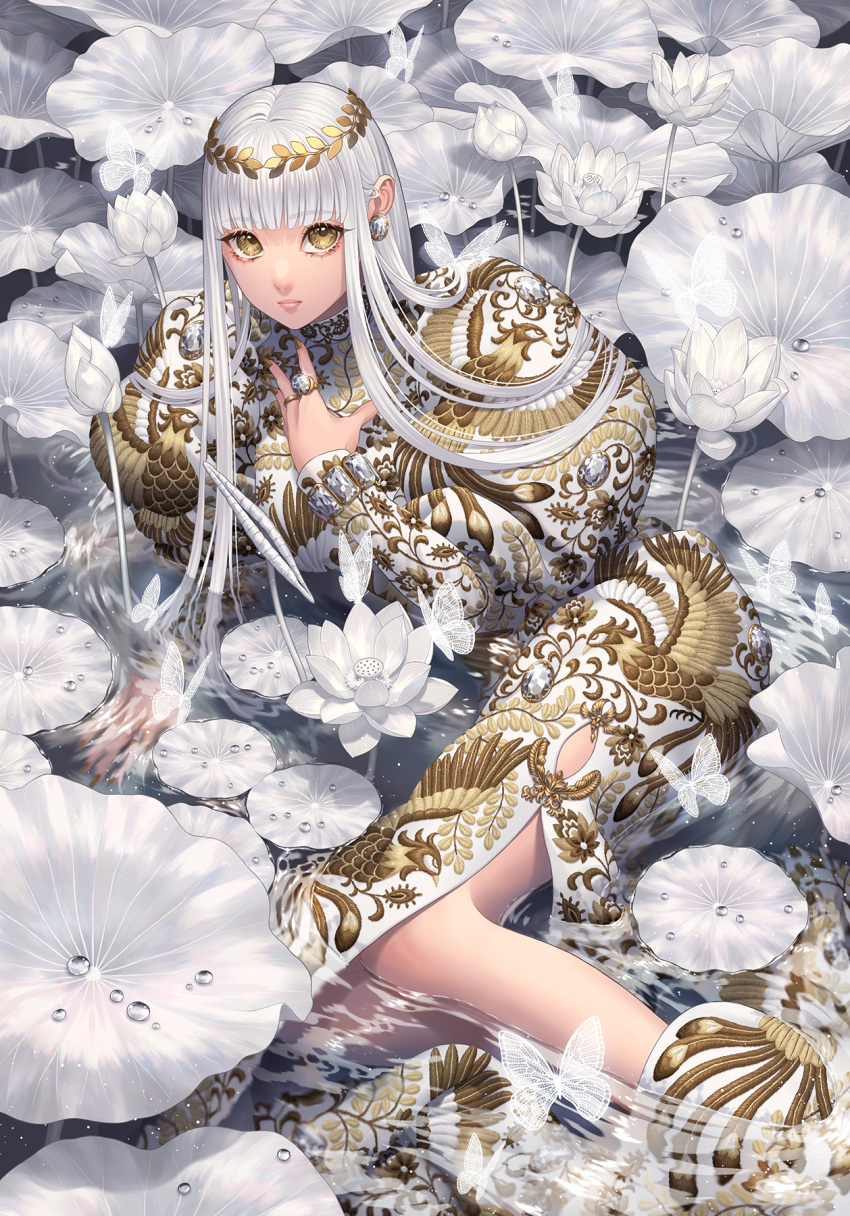 1girl bangs bug butterfly closed_mouth dress earrings flower gold headpiece highres jewelry long_hair looking_at_viewer lotus minami_(minami373916) nail_polish original ring solo water wet white_hair yellow_eyes
