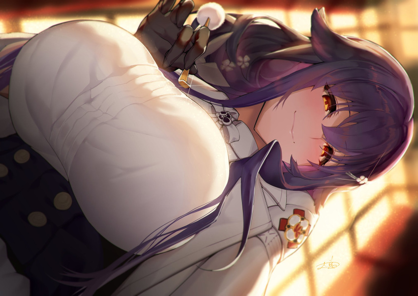 1girl azuma_(azur_lane) azur_lane backlighting bangs blurry blurry_background blush breasts buttons closed_mouth corset exif_rotation eyebrows_visible_through_hair from_below glint hair_between_eyes highres holding holding_stick huge_breasts indoors light long_hair looking_at_viewer mimikaki orange_eyes purple_hair satou_daiji smile solo stick upper_body very_long_hair window